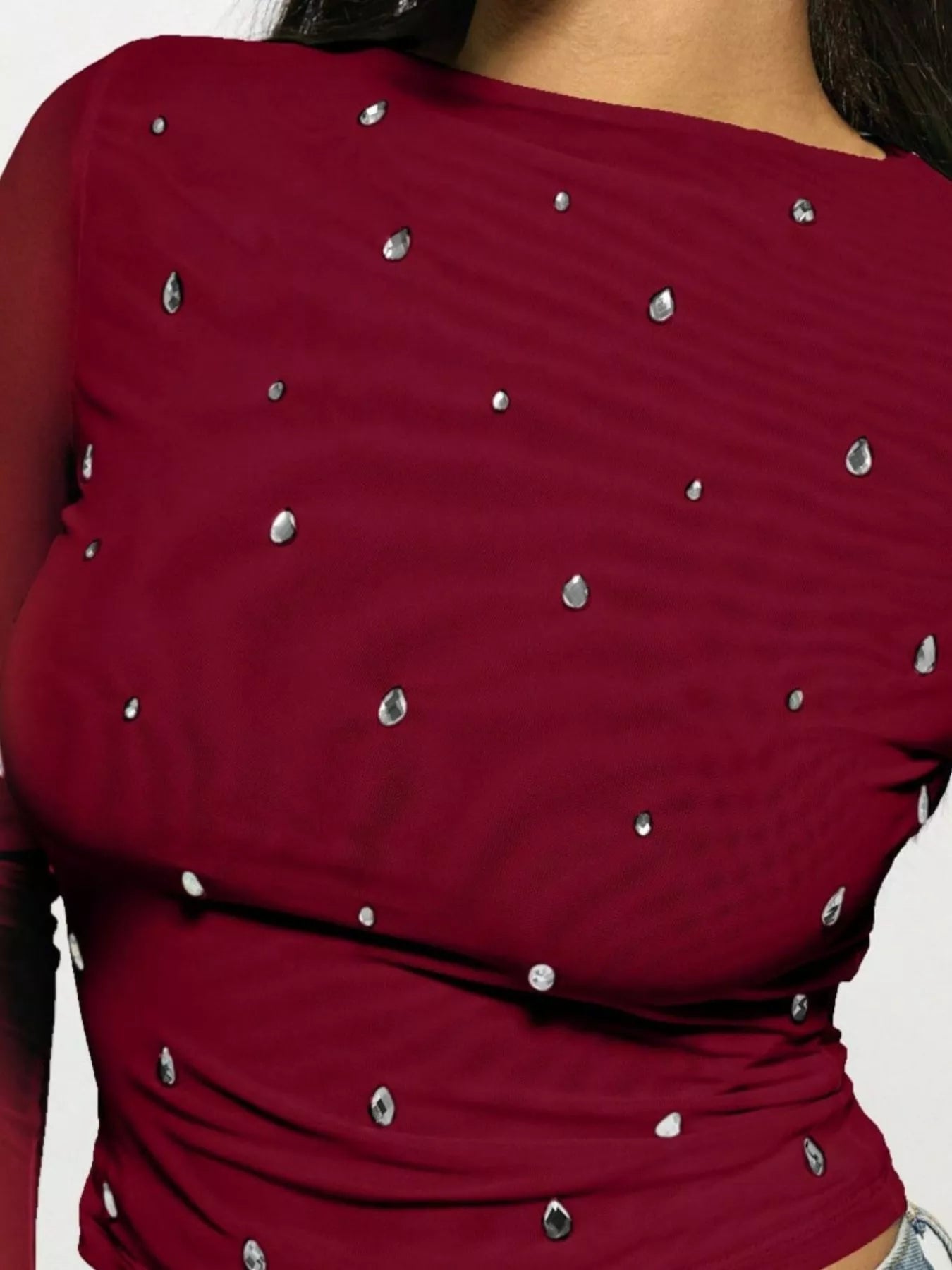 red/burgundy mesh long sleeve top with rhinestones for women fashion