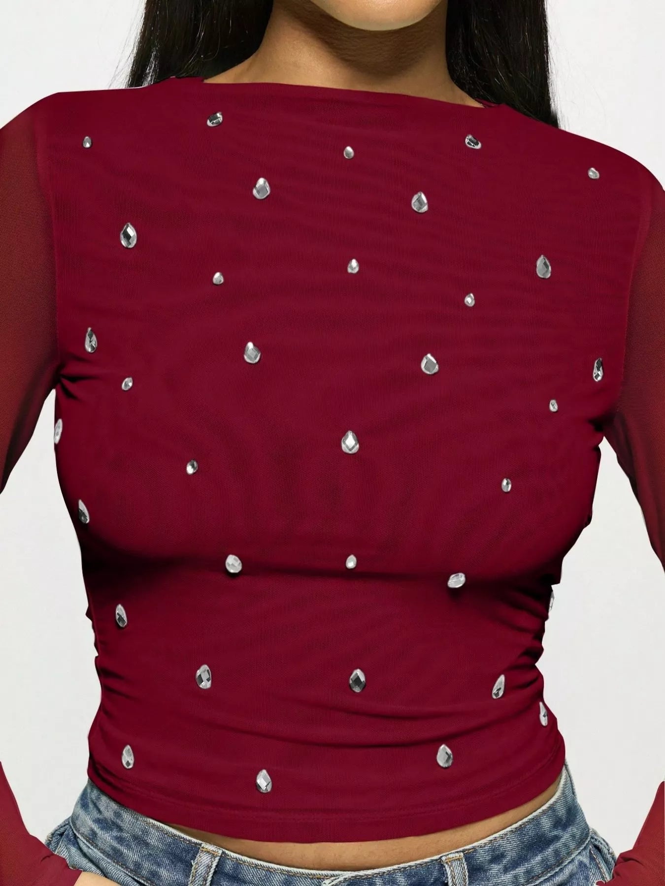 Women's Red /Burgundy mesh  top with rhinestone embellishments on aa model