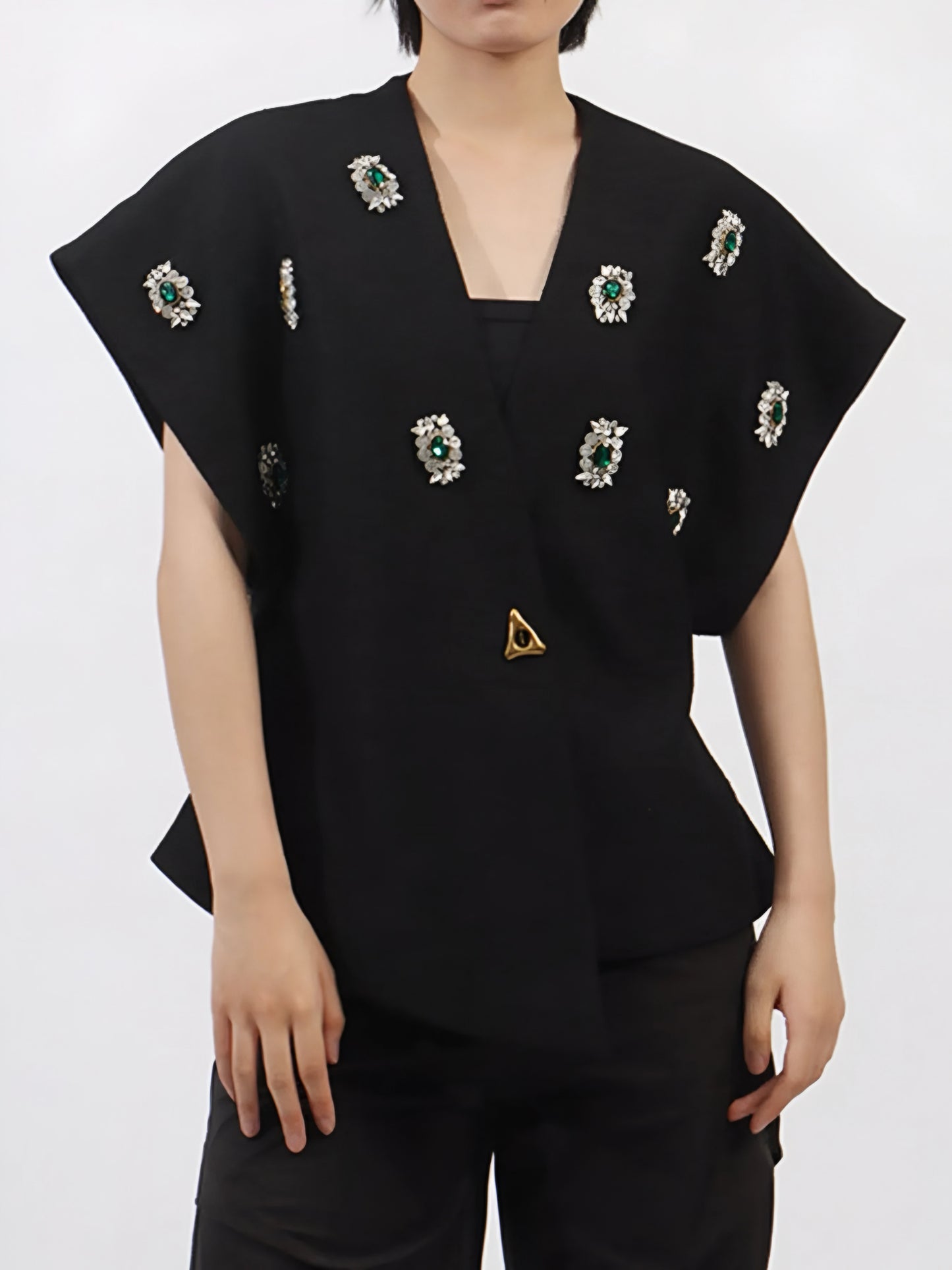 woman wearing a black statement sparkle vest coat top in inclusive sizing M–3XL