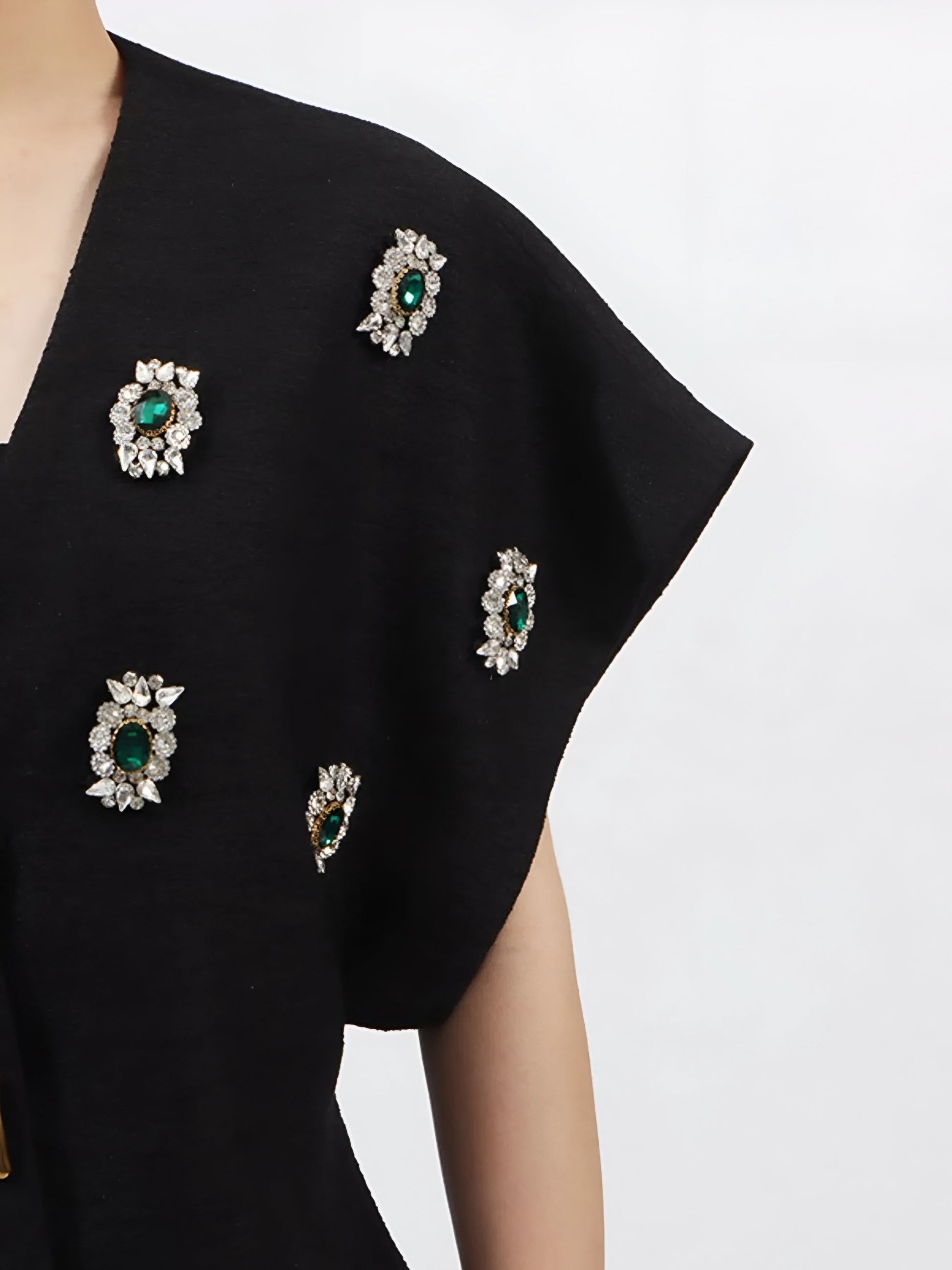 close up sleeves of black statement sparkle vest coat with crystal rhinestone gems in inclusive sizing M–3XL