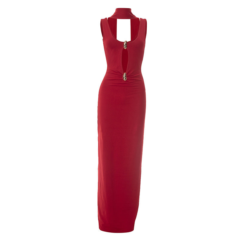 Red cutout sleeveless maxi evening dress with a ribbon and gold accents on a white background
