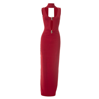 Red cutout sleeveless maxi evening dress with a ribbon and gold accents on a white background