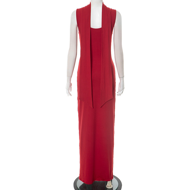 back view of red Hollow Out Metal Ring evening dress on a mannequin against a white background