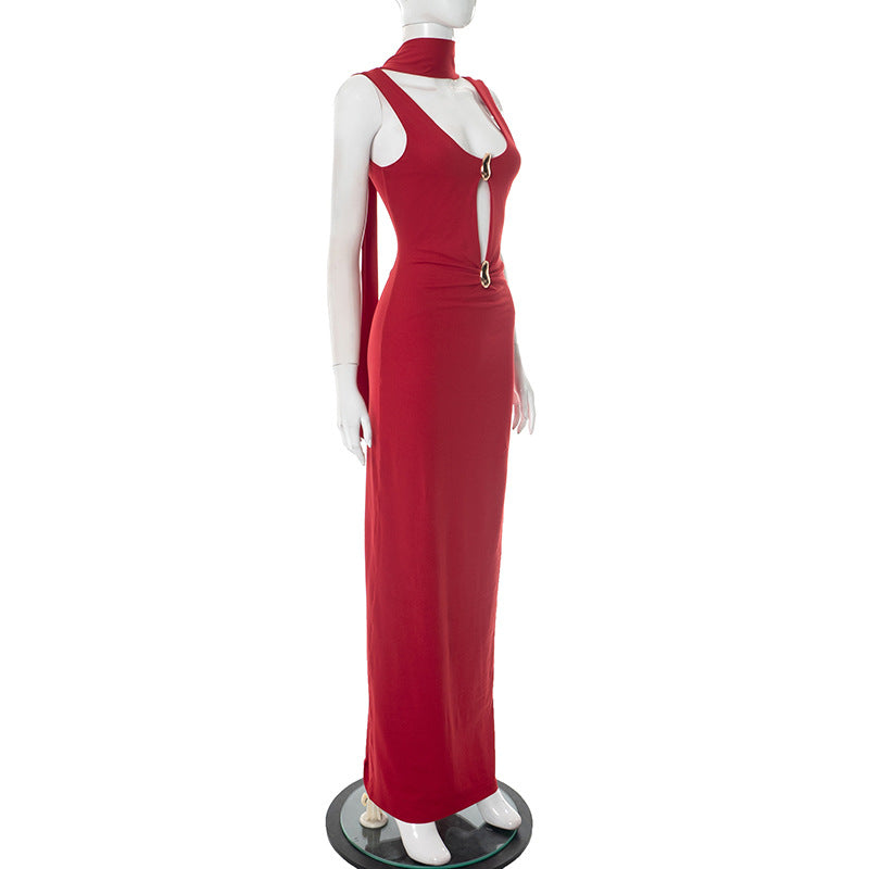 side view of red Hollow Out Metal Ring evening maxi dress on a mannequin against a white background