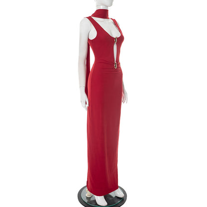 side view of red Hollow Out Metal Ring evening maxi dress on a mannequin against a white background