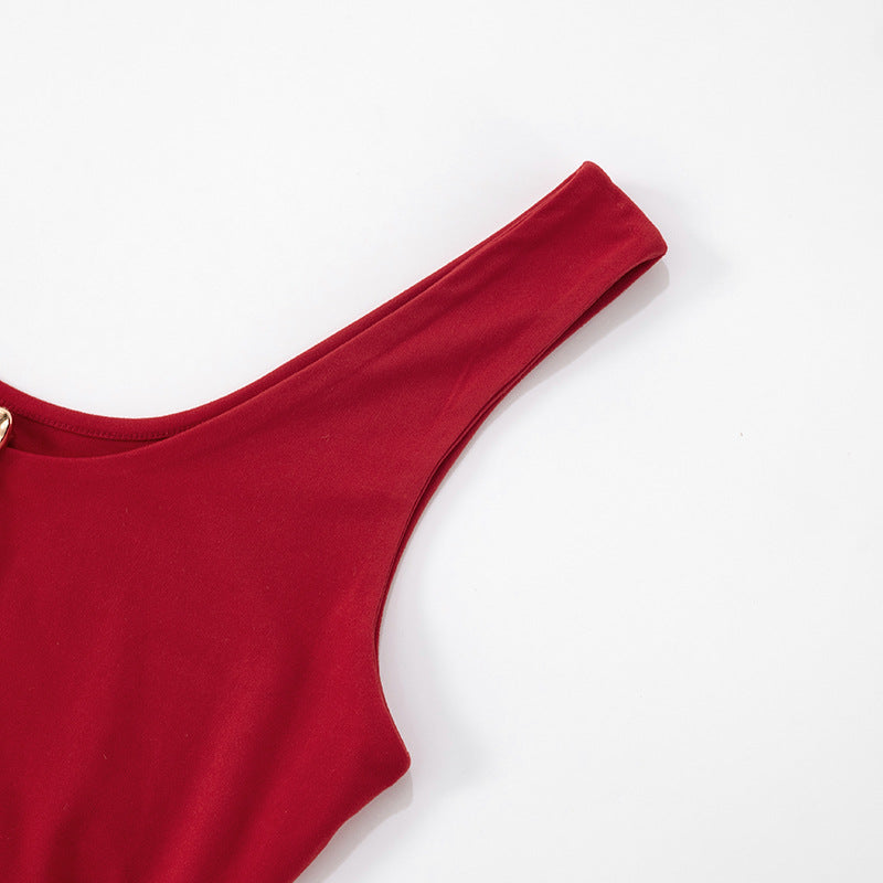 Close up of sleeve of red Hollow Out Metal Ring Maxi Dress on a white background