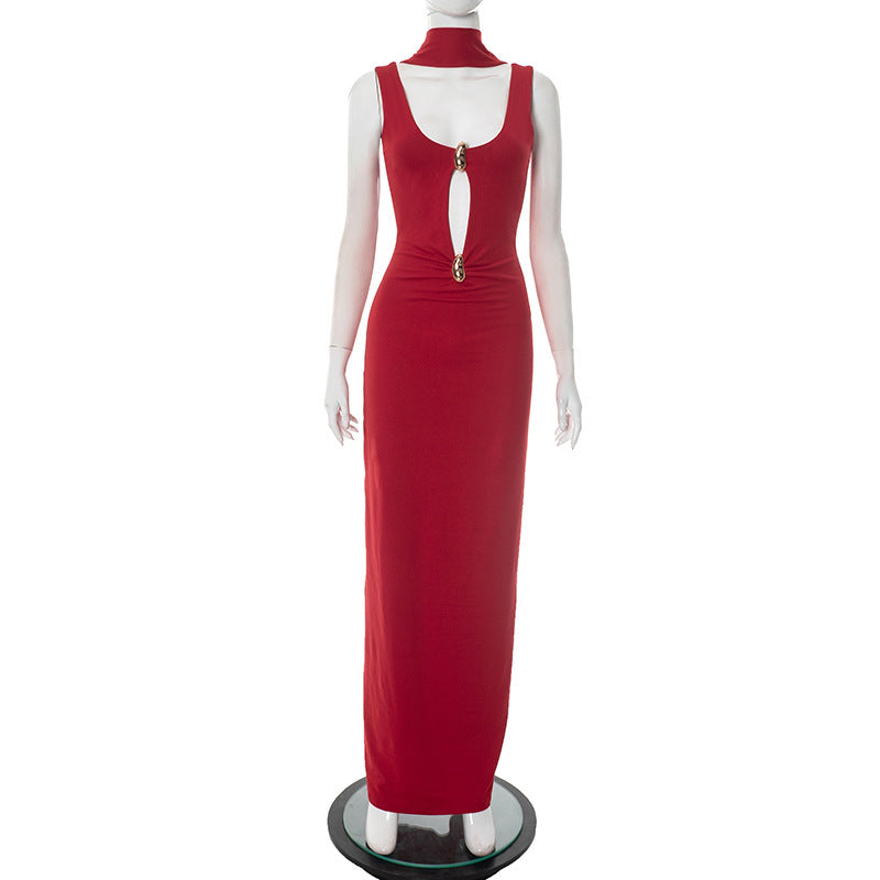 front view of red Hollow Out Metal Ring evening dress on a mannequin against a white background