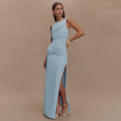 Round Neck Draped Backless Dress