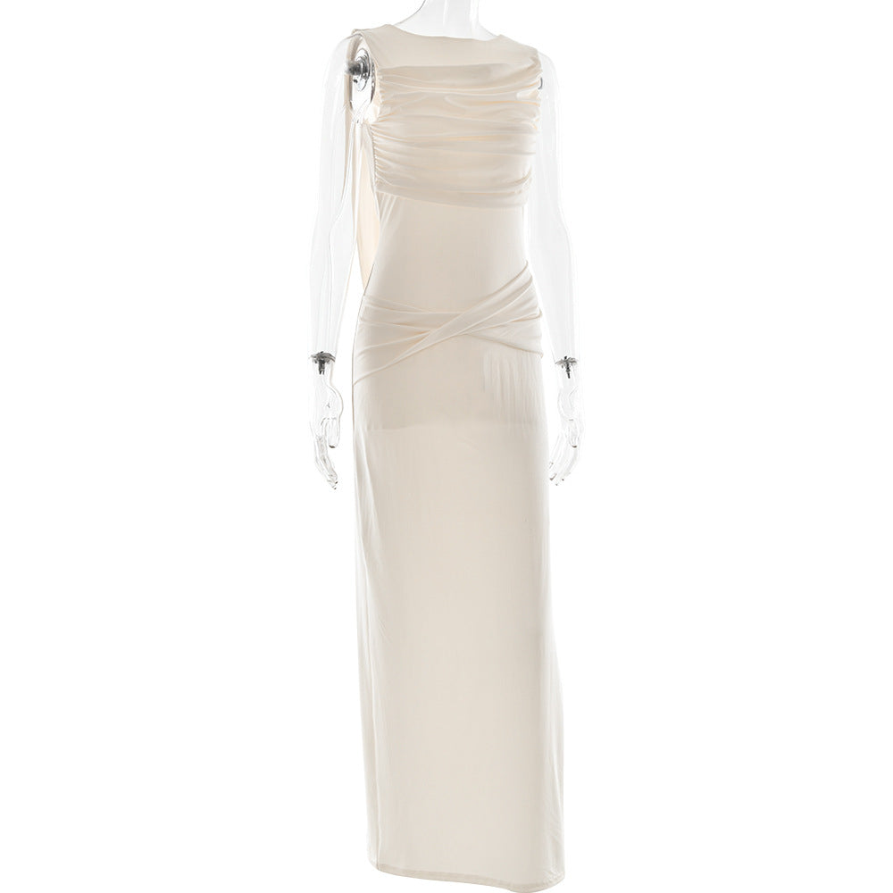Round Neck Draped Backless Dress