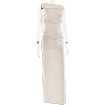 Round Neck Draped Backless Dress
