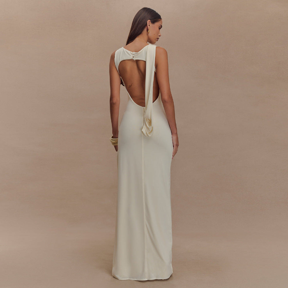 Round Neck Draped Backless Dress