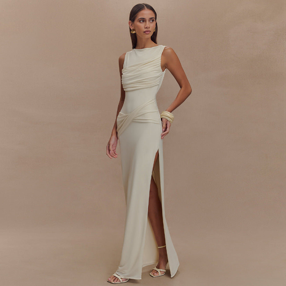 Round Neck Draped Backless Dress
