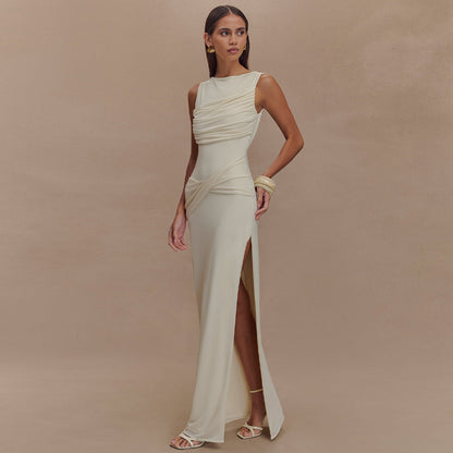 Round Neck Draped Backless Dress