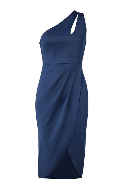 Blue one-shoulder cutout dress front view on a white background