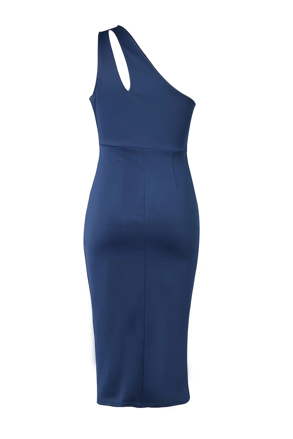 Blue one-shoulder cutout dress back view on a white background