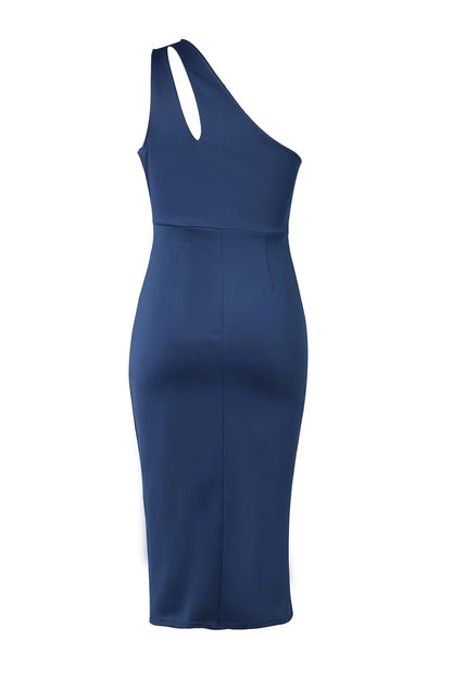 Blue one-shoulder cutout dress back view on a white background
