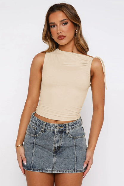 model wearing tan Ruched Tied Solid Color Tank front view