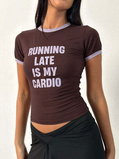 Model wearingRunning Late Letter graphic Short Sleeve T-Shirt Front 