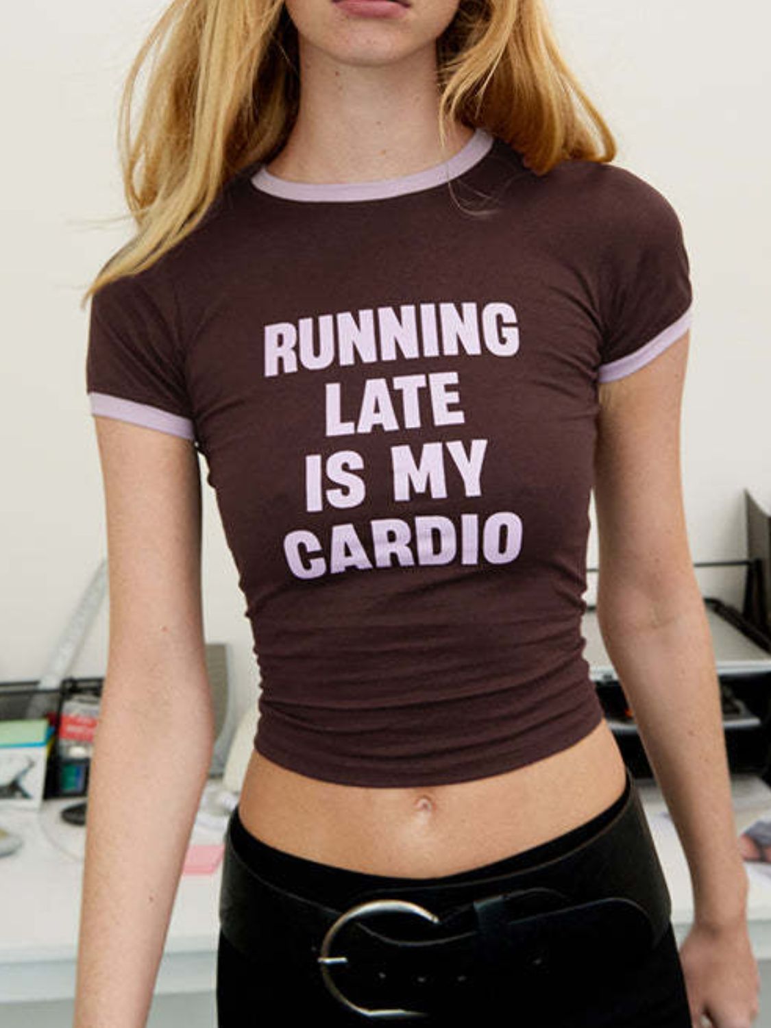 Model wearingRunning Late Letter graphic Short Sleeve T-Shirt Front View 