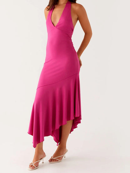 Elegant Halter Pleated Midi Dress