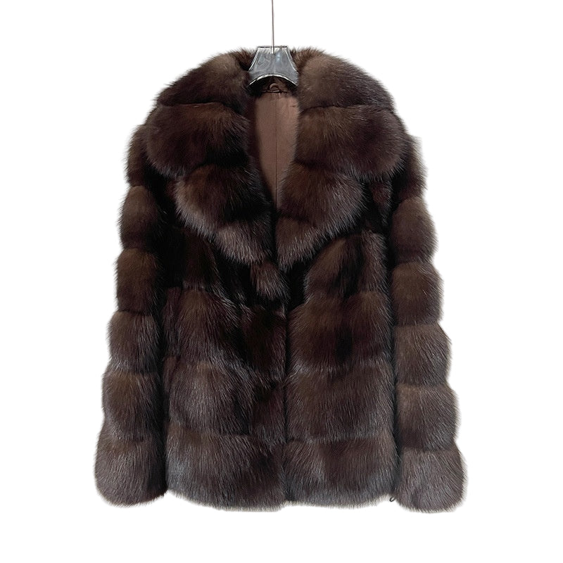 A brown high fashion luxury sable-inspired mid-length faux fur coat for women on a white background