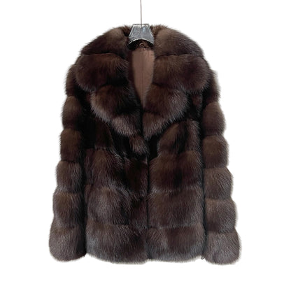 A brown high fashion luxury sable-inspired mid-length faux fur coat for women on a white background