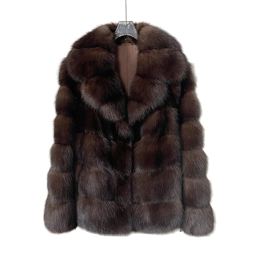 A brown high fashion luxury sable-inspired mid-length faux fur coat for women on a white background
