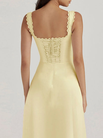 back close up of yellow Scalloped V-Neck Midi Dress with Back Lace-Up detailing on a model