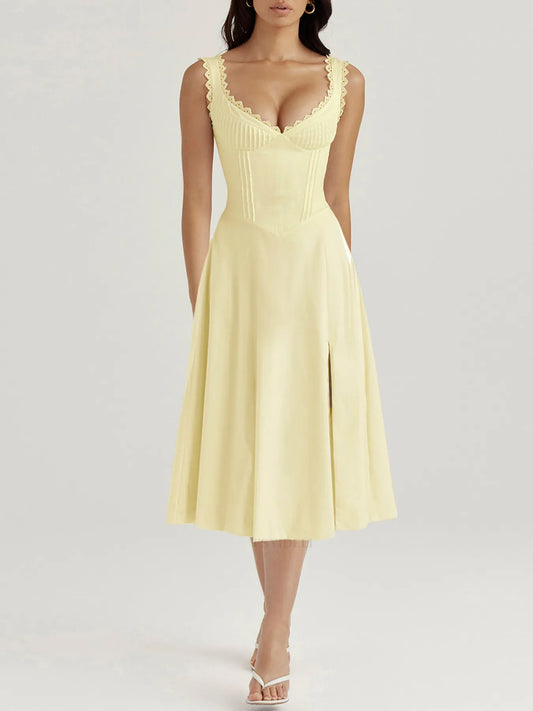 front view of woman wearing a butter yellow Scalloped V-Neck Midi Dress with Back Lace-Up with lace details on a white background