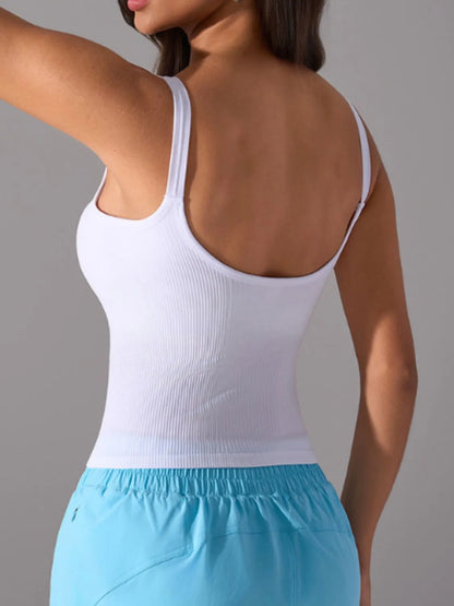 Workout breathable stretchy tank with detachable chest pads for women back view on model