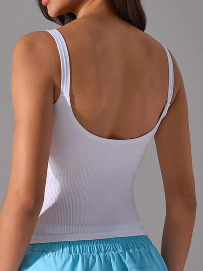 Model wearing workout tank with detachable chest pads for women back view close up