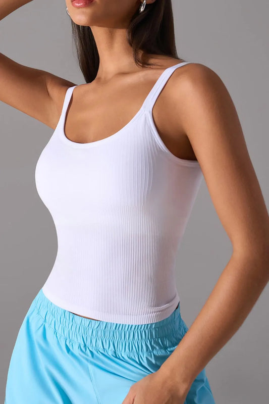 Women's scoop neck active tank top in white on model front view