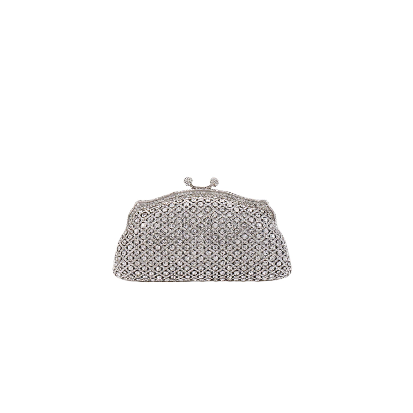 Sparkly silver evening purse with silver hardware and glittering detail on white background