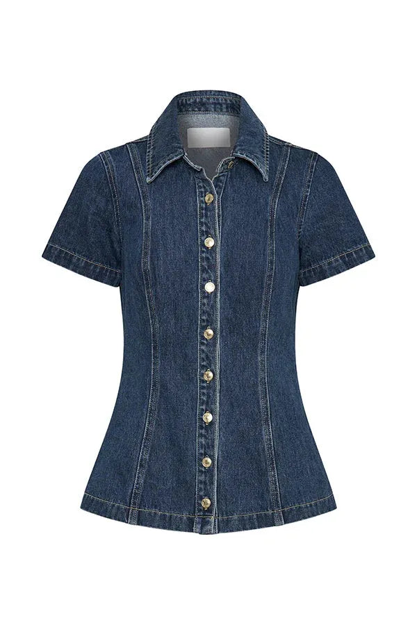 front view of blue dark wash denim short sleeve top / shirt for women on a white background