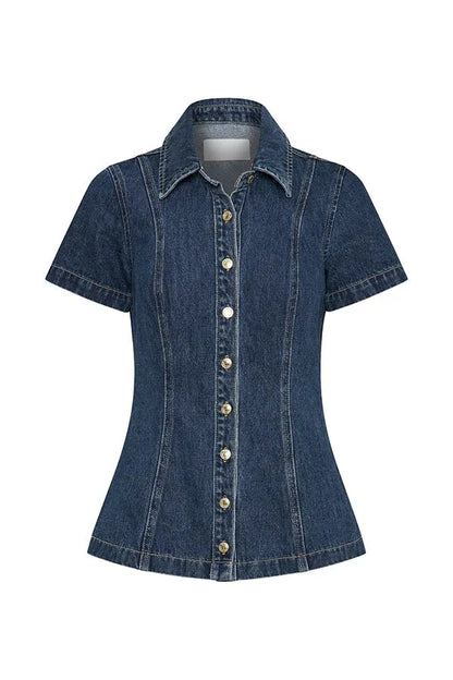 front view of blue dark wash denim short sleeve top / shirt for women on a white background