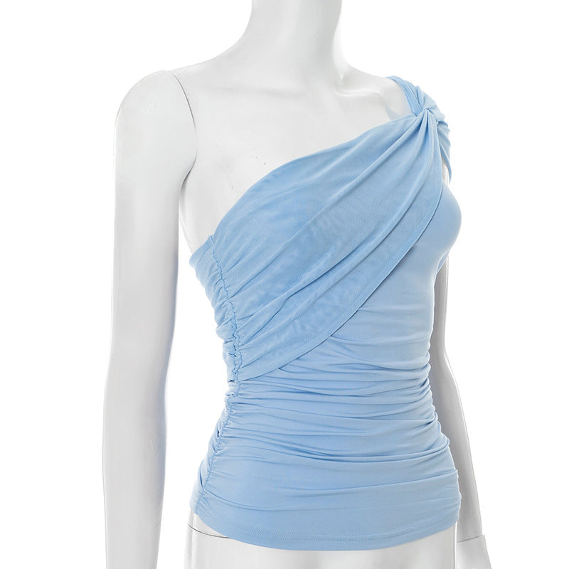 Light blue one-shoulder mesh top side view on a mannequin against a white background