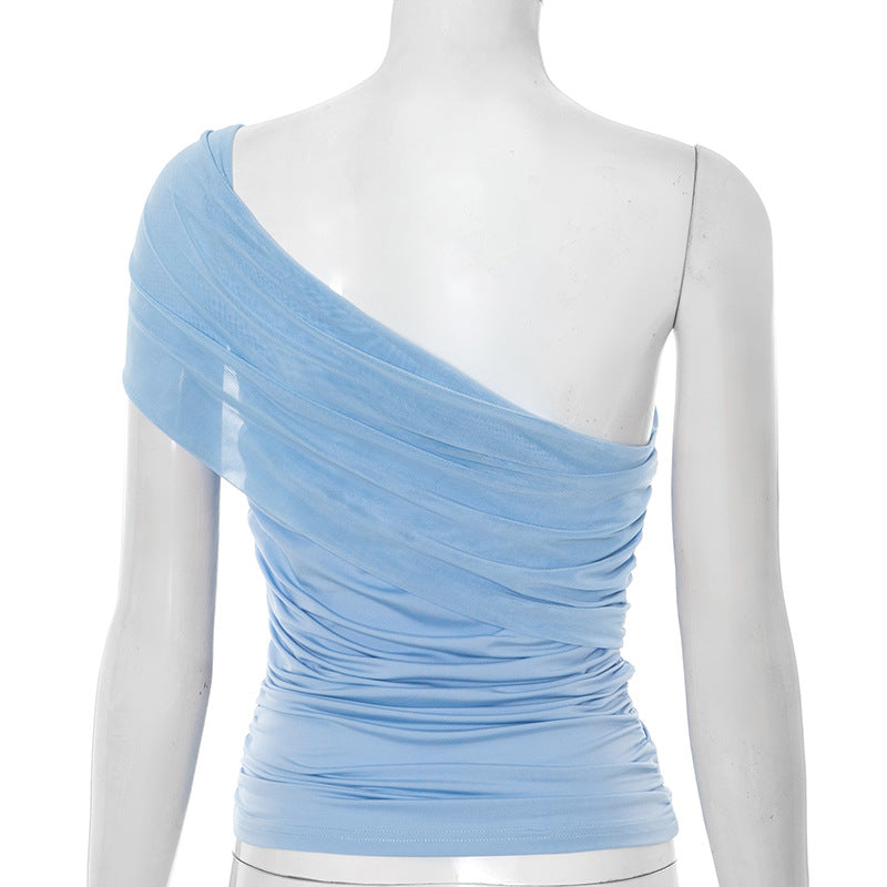 back view of Light blue one-shoulder mesh top on a mannequin against a white background