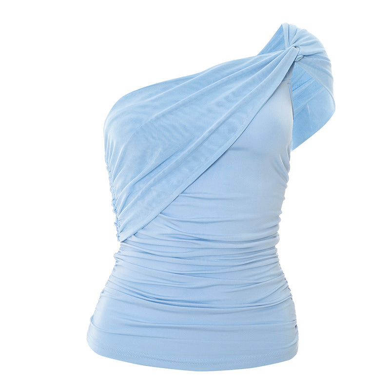 Light blue one-shoulder mesh top on a white background