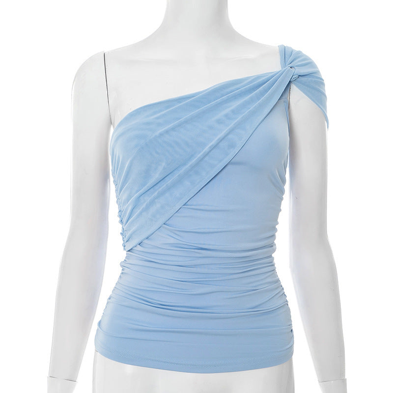 Light blue one-shoulder mesh top front view on a mannequin against a white background
