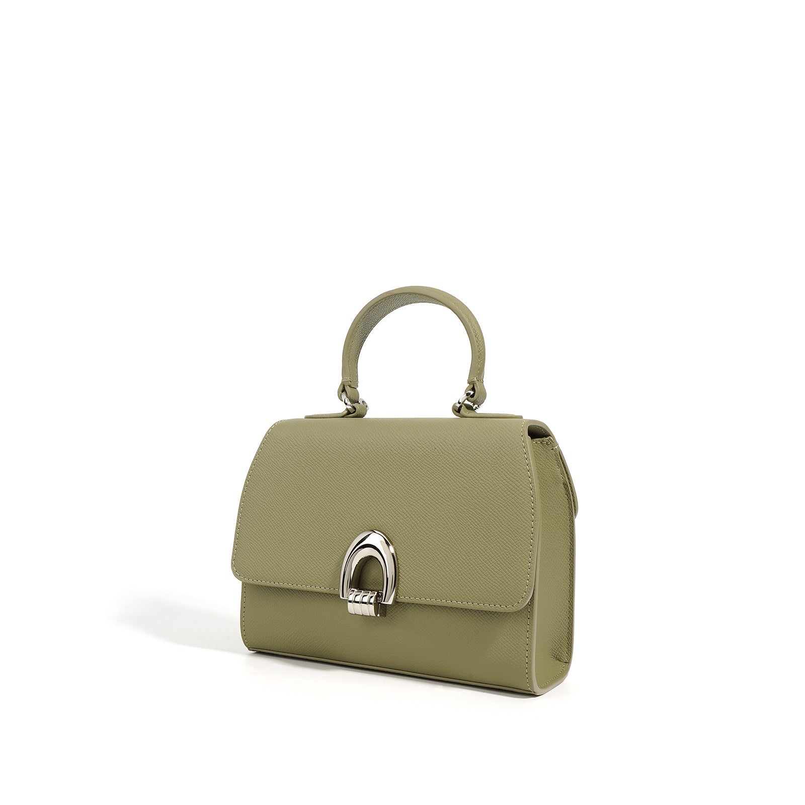A green colored handbag with a shell shape, made from genuine leather, featuring a sandwich pocket design and a single shoulder strap.