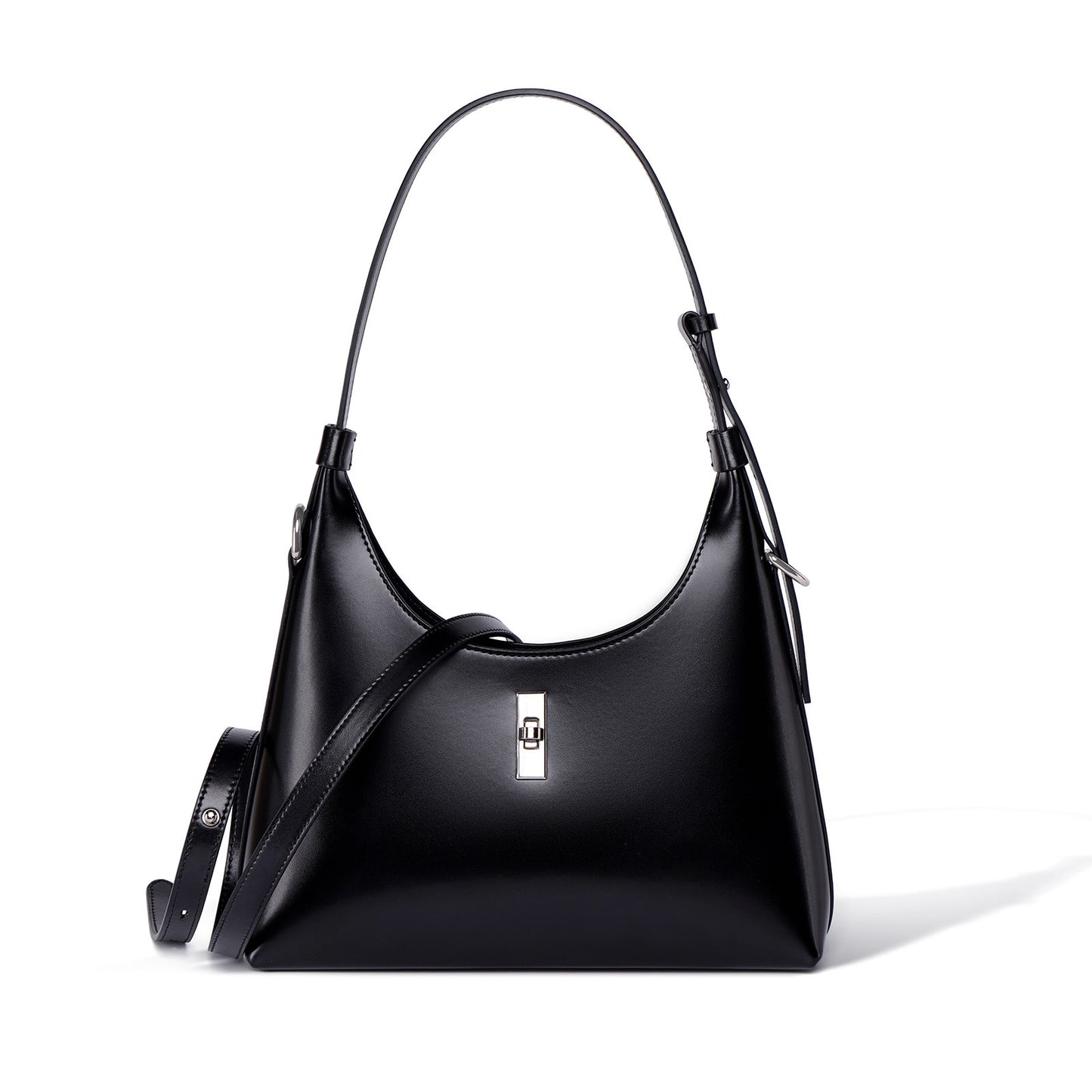 Minimalist genuine black purse with strap handle on white background