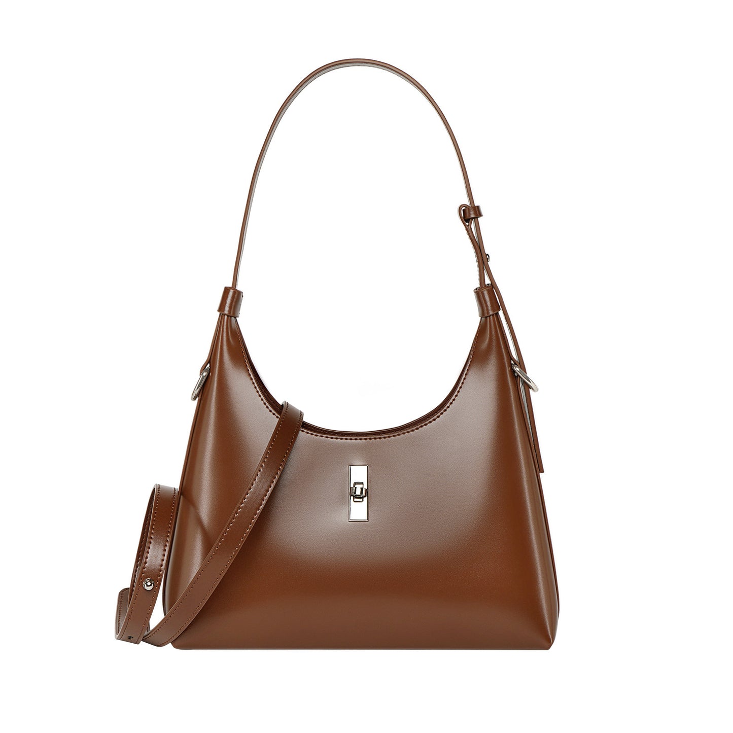 Sleek brown genuine leather shoulder bag with silver hardware on a white background