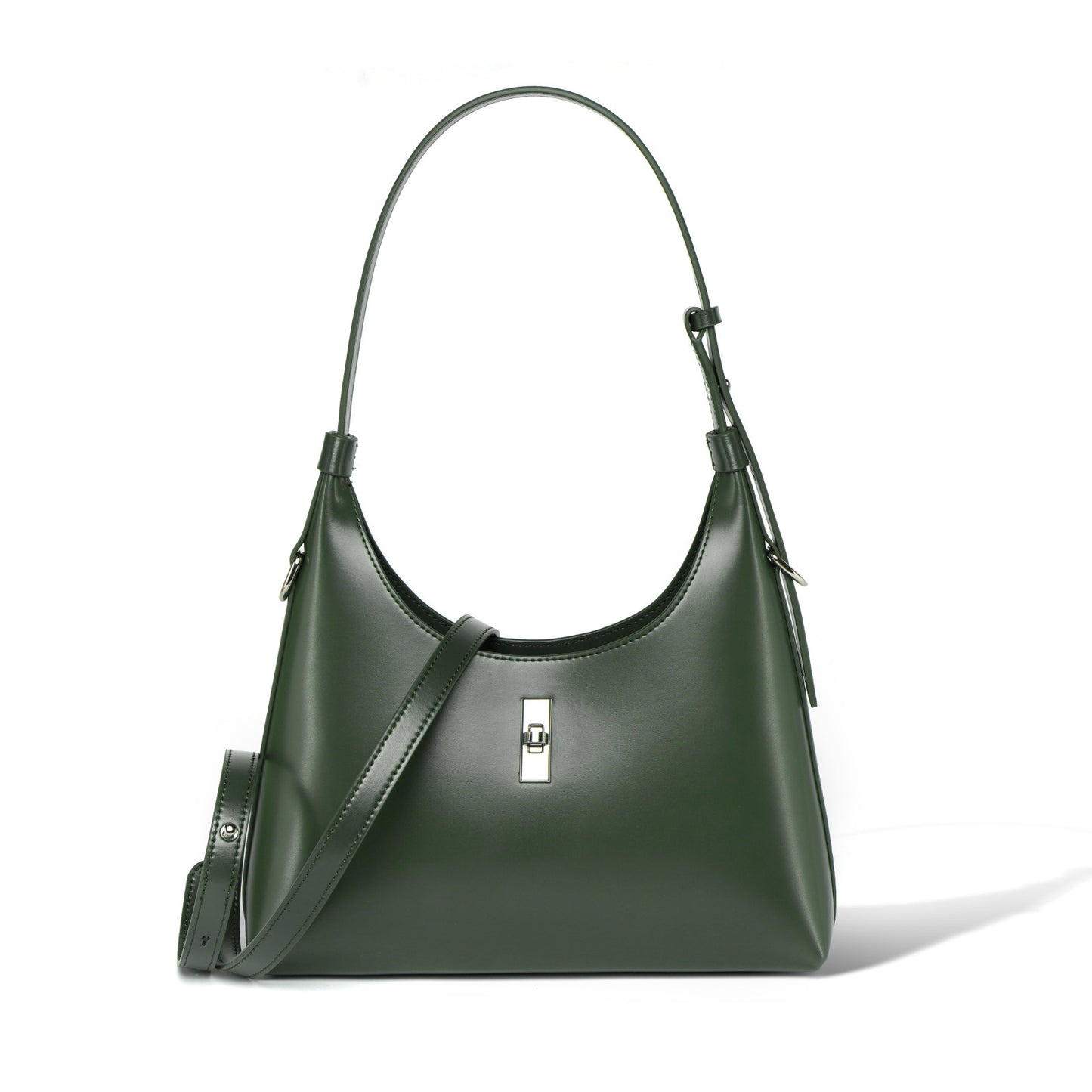 Sleek green genuine leather shoulder bag with silver hardware