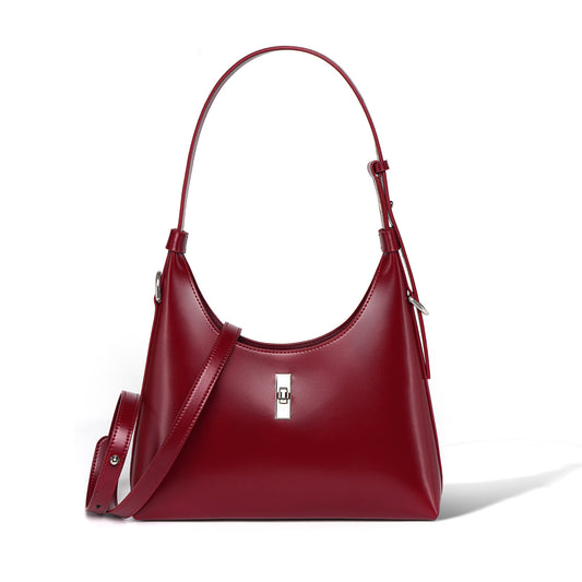 Sleek red genuine leather shoulder bag with silver hardware