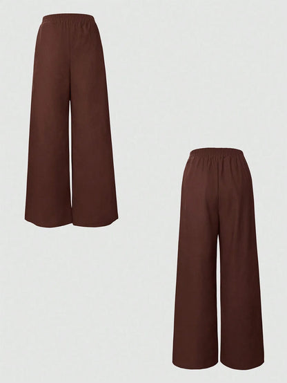 brown wide-leg elastic waist pants on a white background
