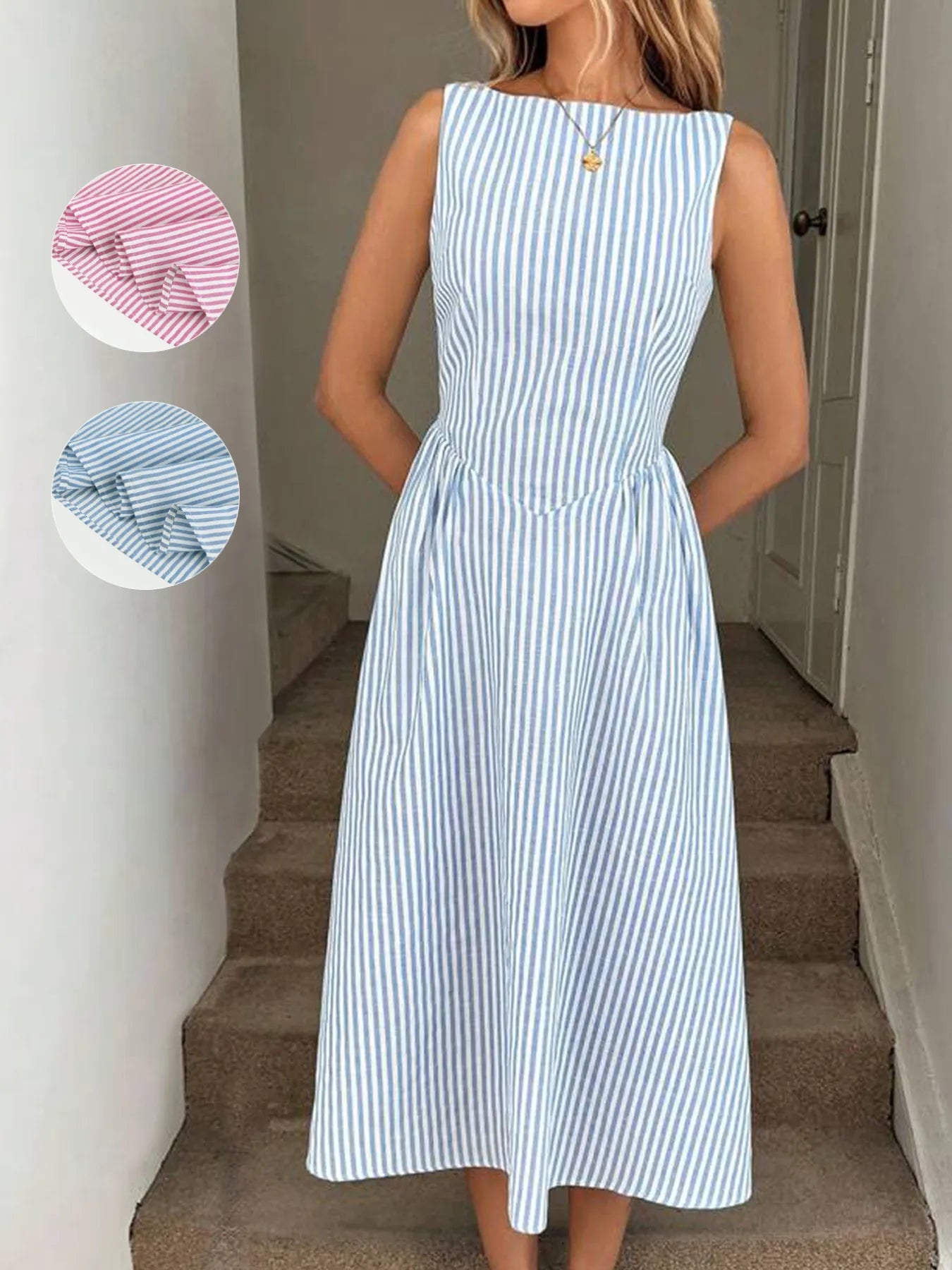 Woman wearing blue sleeveless striped midi dress