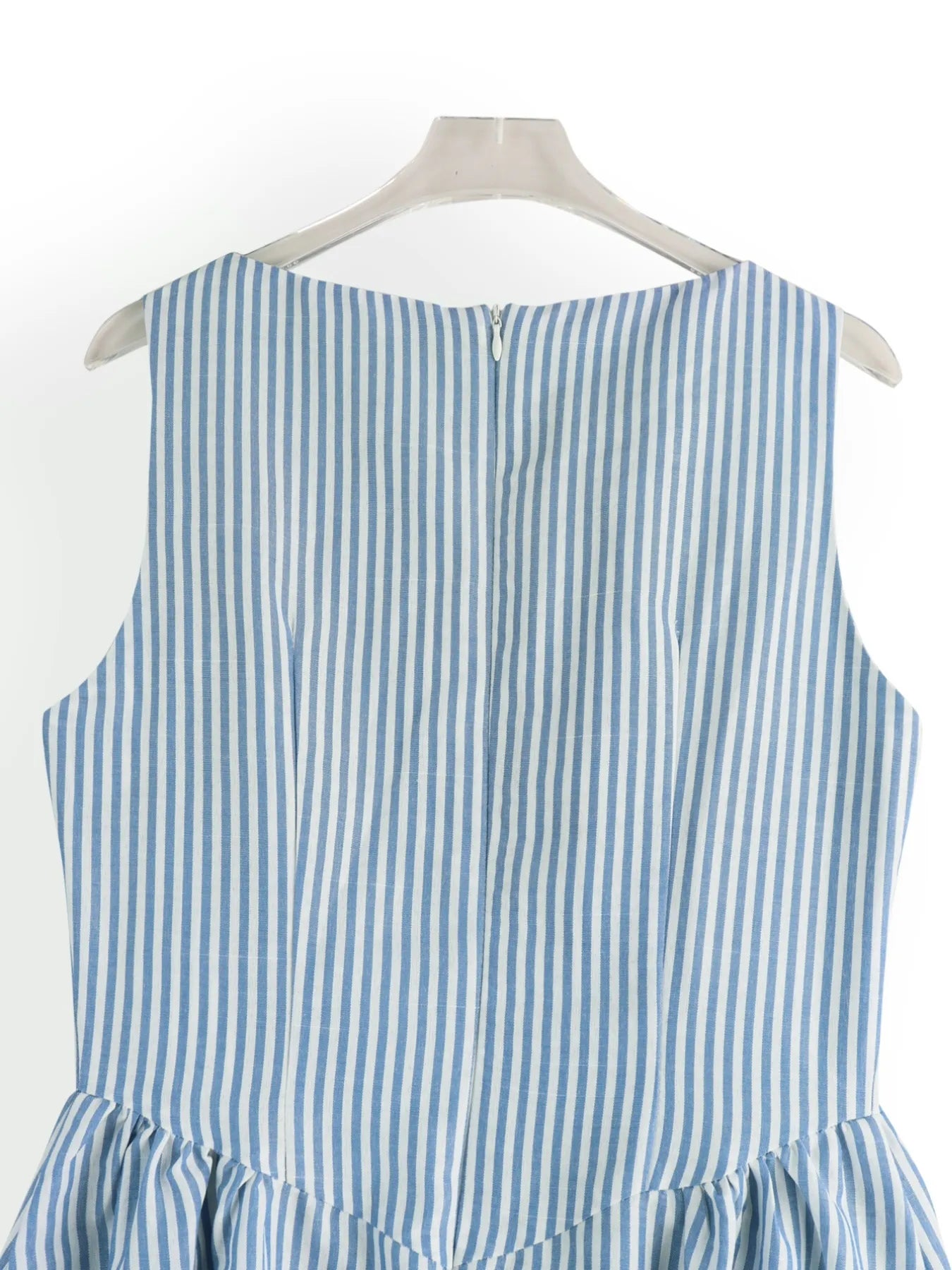 back view of casual blue striped midi summer dress