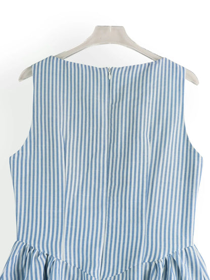back view of casual blue striped midi summer dress