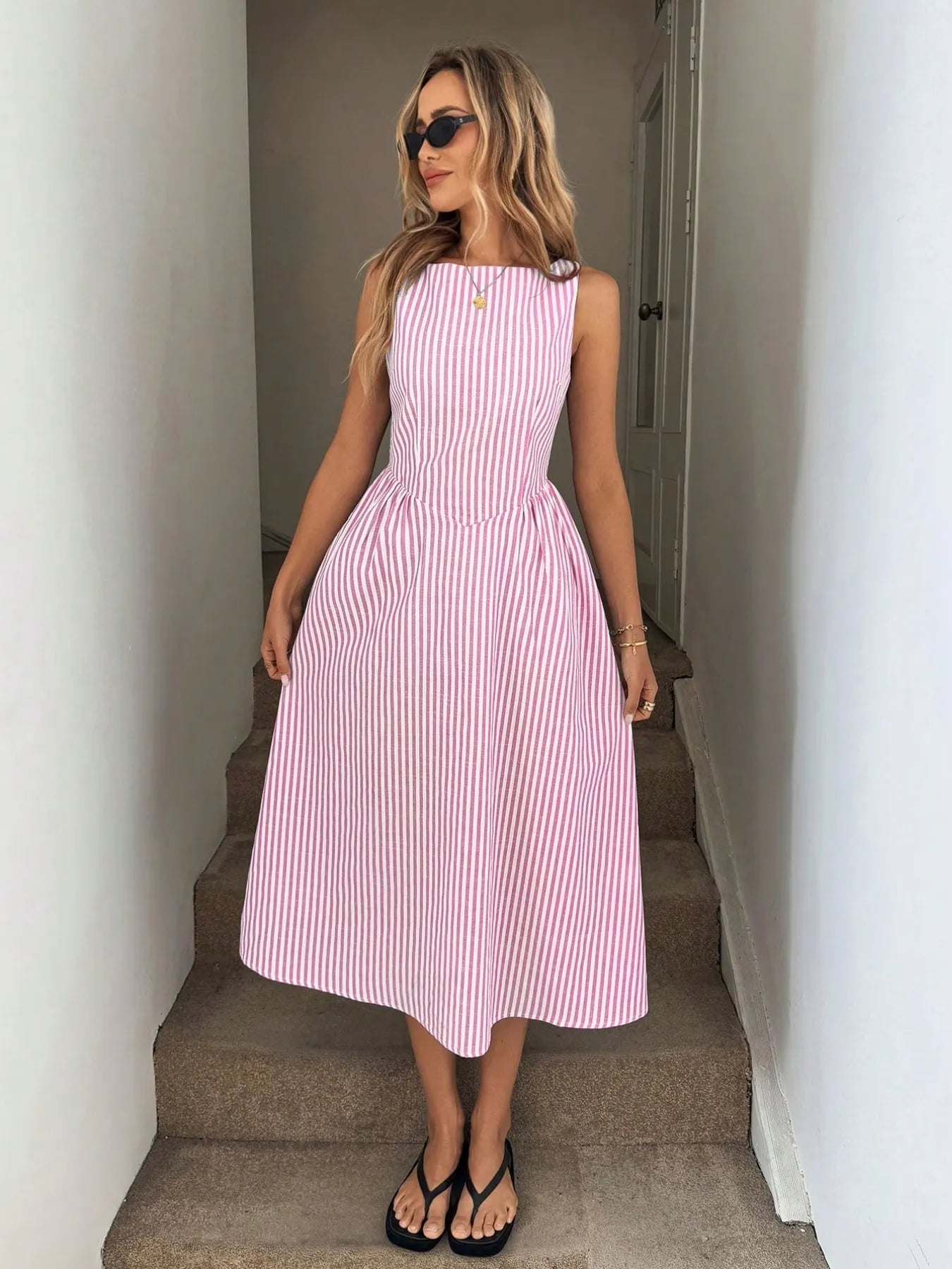 front view of casual striped midi summer dress on woman 