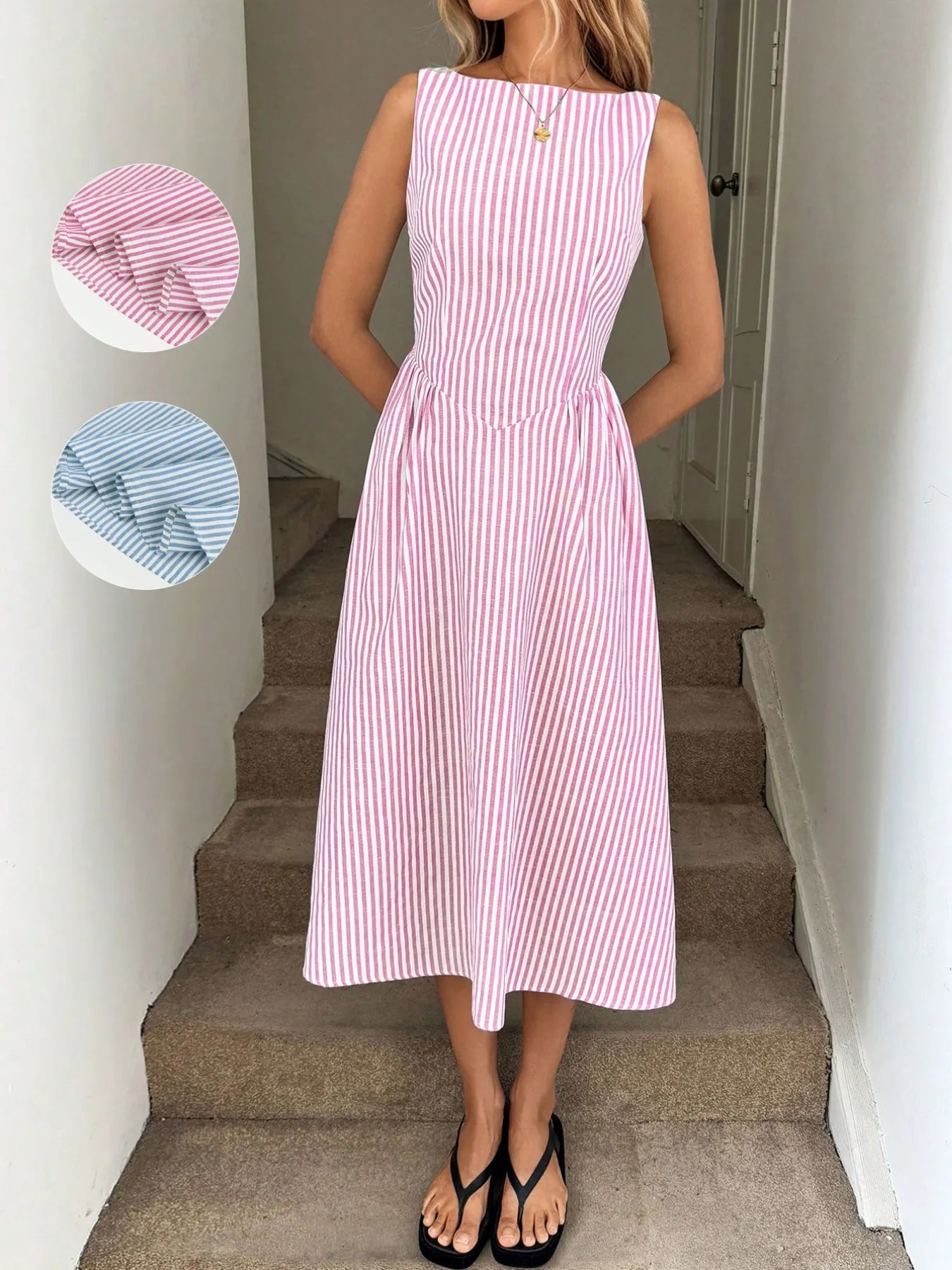 Woman wearing sleeveless pink striped midi dress 